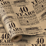Black 40Th Birthday Wrapping Paper Roll, Letter Print, 17 Inches X 16.4 Feet, Perfect For Birthday Gifts