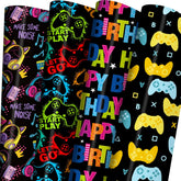 Gaming Birthday Wrapping Paper For Boys Girls Kids Baby Shower,Black Gift Wrapping Paper With Colorful Gamepad, Pink Headphones, Happy Birthday, Easy To Store, Not Rolled.