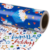 Reversible Birthday Wrapping Paper Roll, Mini Roll, Blue Cupcake Design And Colorful Happy Text With Stars, Colorful Adorable Gift Wrap For Boys Girls Birthday Party, 17 Inches X 16.4 Feet