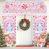 3 Pcs Christmas Gingerbread House Banner Gingerbread Party Door Decorations Pink Winter Christmas Candy Hanging Banner Porch Sign For Holiday Classroom Office Home Party Decor