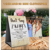 Don'T Say Baby Clothespin Games Sign(1 Sign + 50 Mini Clothespins), Baby Shower Games, Golden Leaf,Gender Neutral Baby Shower (2D)