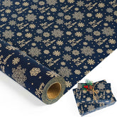 Christmas Wrapping Paper Roll, Navy Blue Kraft Wrapping Paper With Brown Happy New Year And Snowflake Design, Vintage Gift Wrapping Paper Roll For New Year Xmas Winter Holiday, 17 Inch X 33 Feet