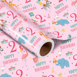 2Nd Birthday Wrapping Paper Roll - Pink Happy Birthday With Cute Animal Design For Age2 Baby Girl, Party, Baby Shower - Mini Roll - 17 Inches X 16.4 Feet (23.2 Sq.Ft.)