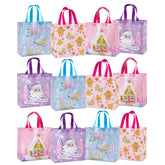 12 Pack Christmas Reusable Gift Bag With Handles - Medium Size 10.5 X 5 X 10.5 Inch - Pastel Pink Purple Gingerbread House And Santa Design, Perfect For Christmas, Party Favor, Shopping
