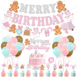 Pink Christmas Merry Birthday Party Decorations, Gingerbread Man Merry Birthday Banner, Cake Topper, Snowflake Balloons For Girls Gingerbread Christmas Decorations Pink Bow Xmas Party