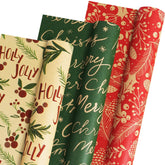 Christmas Wrapping Paper Rolls, Red And Green Kraft Gift Wrapping Paper, Holly Berries Pinecones Green Leaves And Merry Christmas Lettering Gift Wrap Paper For Xmas Holiday, 3 Mini Rolls 17 X 118 Inch