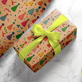 Kraft Birthday Wrapping Paper For Kids Men Women Baby Shower - Recycled Gift Wrap With Colorful Party Hat Design Design - 28 X 40 Inches, 4 Folded Sheets, Easy To Store