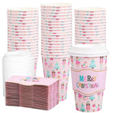 50Pcs Merry Christmas Disposable Coffee Cups With Lids And Sleeves Pastel Pink Nutcracker Paper Drinking Cup For Xmas Birthday Party Supplies