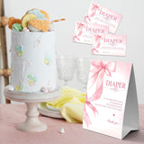 Baby Shower Diaper Raffle Game Set - Pink Bow 1 Standing Sign & 50 Diaper Raffel Tickets - Baby Announcement, Gender Reveal Party Activities & Decorations For Girls - A05