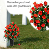 Artificial Cemetery Flowers For Grave, Artificial Rose Memorial Flowers With Vase For Cemetery Headstones Gravesites Decoration Long-Lasting Remembrance (Red)