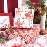 Reversible Christmas Wrapping Paper Roll, Mini Roll, Vintage Red Botanical Bird And Pinecone Design, Red White Plaid Pattern Gift Wrap Paper For Elegant Holiday Gifts, 17 Inches X 32.8 Feet