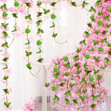 6Pcs Artificial Cherry Blossom Flower Vines Fake Cherry Blossom Flower Hanging Flower Vine Faux Sakura For Home Wedding Party Decor (Dark Pink)