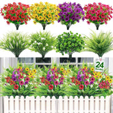 24 Bundles 8 Styles Artificial Flowers For Outdoors Spring Summer Decor, Fake Flower Artificial Plants Outdoor Uv Resistant Colorful Daisy Boston Fern Lavender Cemetery Flowers For Grave Outside Home