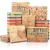 Birthday Wrapping Paper, 8 Sheets Brown Kraft Recycled Gift Wrapping Paper, Colorful Happy Birthday Gift Wrapping Paper Set With Stickers And Tags For Kids Women Men Birthday All Occasions, 20×28 Inch