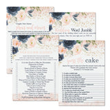 Blue Bridal Shower Games Bundle - 25 Each Of Guess The Cake, Word Scramble, Famous Pairs & Wedding Name Game - Double-Sided Cards For Engagement Parties & Rehearsal Dinners - Rustic Floral Design