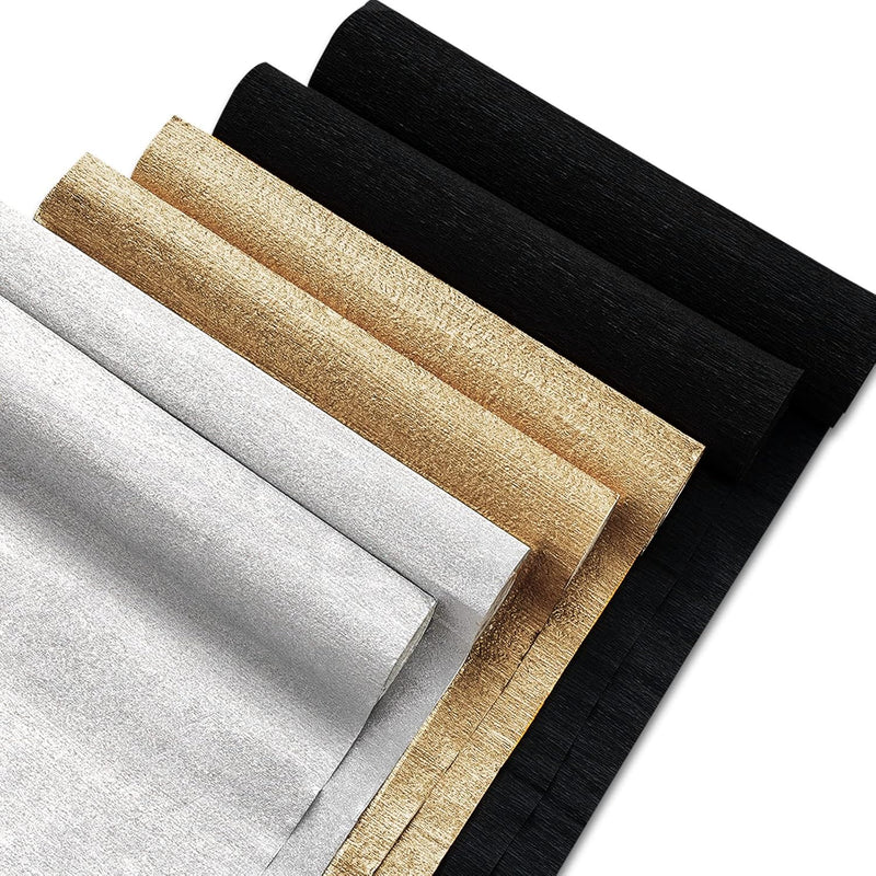 6 Pack Black Gold Silver Crepe Paper Rolls 29.5Ft 3 Colors Party Wide Streamer