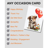 Puppy With Red Balloons And Flowers All Occasions Greeting Card From Unique Dogs Party Delights Collection Large 5X7 Inch Blank Inside With Envelope