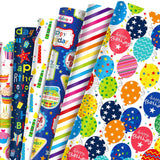 12 Sheets Happy Birthday Gift Wrapping Paper 6 Design With “Happy Birthday” Candles, Balloons, Colorful Stripes Pattern Pad For Boys, Girls, Women, Men, Ideal Gift Wrap For Holiday Parties 20'' X 27''