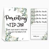 Baby Shower Game Set, Parenting Tip Jar Party Games(1 Standing Sign + 20 Advice Cards), Greenery Blank Advice Cards For New Parents, Eucalyptus Baby Shower/Gender Reveal Party Favor Decor(A01)