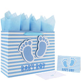13” Large Baby Boy Gift Bag Set With Handles, Greeting Card, Blue Tissue Papers And Stickers For Boys Kids For Baby Shower, Boys' Birthday Party, Newborn, New Moms, Little One, 1St Baby, 3D Footprints Design, 1 Pcs