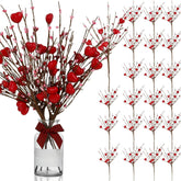 24 Pcs Valentine'S Day Artificial Berry Flower Stems Heart Shape Floral Picks Sprays Branches For Spring Mother'S Day Xmas Bridal Wedding Decoration Table Decor Vase Filler(Red)