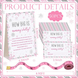 54 Pcs Winter Snowflake Baby Shower Games Pink Snowflake Measure Belly Bump Party Game Include How Big Is Mommy'S Belly Sign 50 Guessing Cards 3 Measuring Tapes For Winter Baby Shower Party