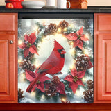 Red Cardinal Christmas Wreath Dishwasher Magnet Cover Sticker Panel Decal Refrigerator Magnetic Decorative