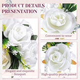 Wedding Bouquets For Bride Bridesmaid With Corsage And Boutonniere Set, 9.45 Inch White Artificial Roses Flowers Bridal Bouquet With Pearl Accents For Wedding Church Decoration Ceremony