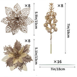24Pcs Christmas Poinsettia Artificial Flowers And Glitter Berries Kit, 2 Styles Total 16Pcs Christmas Tree Flowers Ornaments, 8Pcs Christmas Tree Picks For Wedding Holiday Decorations, Champagne