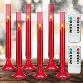 Red Flameless Taper Candles With Remote And Timer,3D Flickering Flameless Candles With Holders, 6 Pack Led Battery Operated Candlesticks 9.25"X0.75" For Christmas, Valentine’S Day Decor