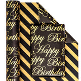 Reversible Birthday Wrapping Paper - Mini Roll - 17 Inch X 9.8 Feet - Black And Gold Foil Happy Birthday Wrapping Paper For Men, Boys, Baby Shower