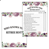 Retirement Party Games, Who Knows The Retiree Best Co-Worker Retirement Party Game Card, Purple Floral Retirement Party Ideas Activities Supplies Decorations(30 Game Cards) - B01