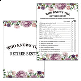 Retirement Party Games, Who Knows The Retiree Best Co-Worker Retirement Party Game Card, Purple Floral Retirement Party Ideas Activities Supplies Decorations(30 Game Cards) - B01