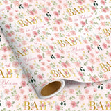 Baby Girl Gift Wrapping Paper Roll Flower Baby Shower Theme Wrapping Paper Pink Newborn Gift Wrap With Rose Green Leaf Butterfly Design For Birthday Christmas Party Supplies, 17 Inch X 16.4 Feet