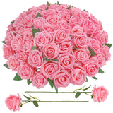 90 Pcs Pink Velvet Rose Artificial Flowers With Long Stems, Fake Silk Roses Real Touch Fake Roses Florals For Birthday Wedding Bouquet Party Arrangement Decorations