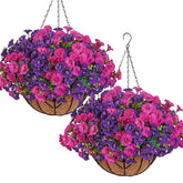Artificial Hanging Flowers Plants Basket For Outdoors Indoor, 2 Set Faux Silk Purple Fuchsia Morning Glory Fake Eucalyptus Planters Uv Resistant Spring Summer For Decor Home Garden Porch Patio