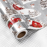 Christmas Silver Wrapping Paper Mini Roll For Boy Kid, Red Truck, Snowy Pine Forest & Grid Plaid, Silver Foil Reversible Design For Winter Holiday Family Gathering, 17 Inches X 32.8 Feet