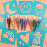 | Washable Paint Set | 16 Piece Set Includes 8 Stencils And 8 Glitter Paint Brush Pen Colors | Holiday Glitter Multicolor (16Afrrjwab)