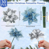 30 Pcs Poinsettia Christmas Artificial Glitter Flower Xmas Flower Poinsettia For Xmas Christmas Tree Craft Decor(Light Blue, Silver)