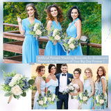7 Inch Bridesmaid Bouquet Flowers - Artificial Bouquet For Bridesmaid Wedding Rustic Small Floral Centerpiece For Marriage Proposal Party Anniversary Dining Table Decor - Green & Dusty Blue