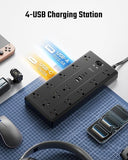 Surge Protector Power Strip 13 Outlets 4 USB Ports 2 USB C 10FT Flat Plug Extension Cord 2100J
