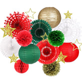 Christmas Party Decorations, Christmas Paper Lanterns Gold Star Pendant Hanging Snowflakes Paper Fan Pom Poms Flowers Honeycomb Ball For Xmas Party Eve Holiday Home Decor