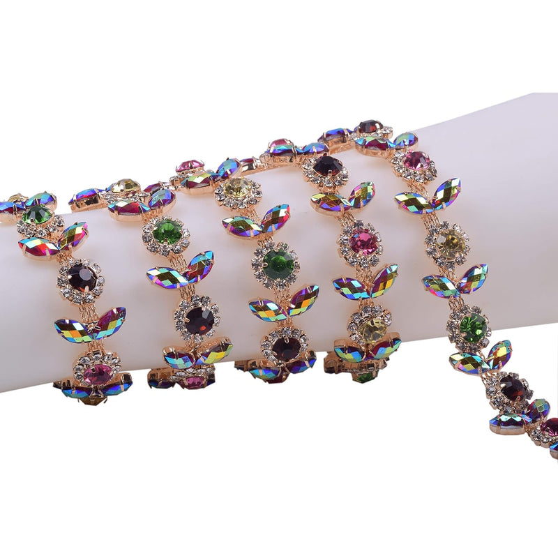 1 Yard Flower Shaped Full Diamond Crystal Rhinestone Chain In Golden B