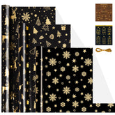 Christmas Wrapping Paper Rolls-3 Rolls Black And Gold Wrapping Paper, Christmas Tree Snowflake Reindeer Glitter Foil Xmas Wrap Paper For New Year, Party, Birthday, Wedding, Holiday, 17 X 118''