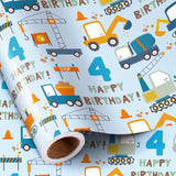 4Th Birthday Wrapping Paper For Boy - Mini Roll - Blue Cartoon Cars Trucks And Happy Birthday Text Pattern For Boys' Or Kids' Birthday Party And More - 17 Inches X 16.4 Feet - 4 Years Old