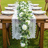 3 Pcs Total 18Ft Artificial Eucalyptus Flower Garland, Faux Eucalyptus Garland With White Roses Fake Flowers Vines For Centerpiece, Wedding, Party, Table, Background, Arch, Indoor Outdoor Decor
