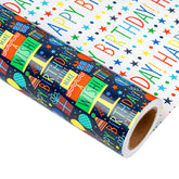 Reversible Birthday Wrapping Paper Mini Roll - 17In X 32.8Feet - Colorful Happy Birthday Lettering,Cake,Candle Pattern Kid Boys Party Gift Wrap Present Paper For Baby Shower, Holiday