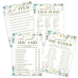 Wildflower Bridal Shower Games Set, 4 Games Includes He Said She Said, Would She Rather, What Is In Your Purse, Bride Feud, 50 Double-Sided Cards, Wedding Party Supplies -02