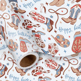 Cowboy Birthday Wrapping Paper Roll For Boys Kids Teens, Western Boots Hats Lasso Blue Design With Happy Birthday Text Gift Wrap, Mini Roll 17 In X 16.4 Feet