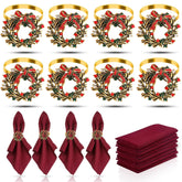 16Pcs Christmas Wreath Napkin Rings Set Of 8 And 8 Christmas Napkins Cloth, Napkins Holdes For Dinning Table Setting Decoration, Xmas Dinner Tables Rings For Winter Party